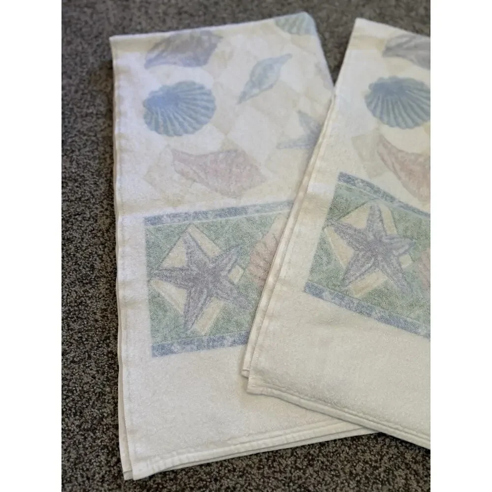 Vintage 90s Seashell Print Bath Towel Set Cotton Peach Blue Cream Mermaid Pastel